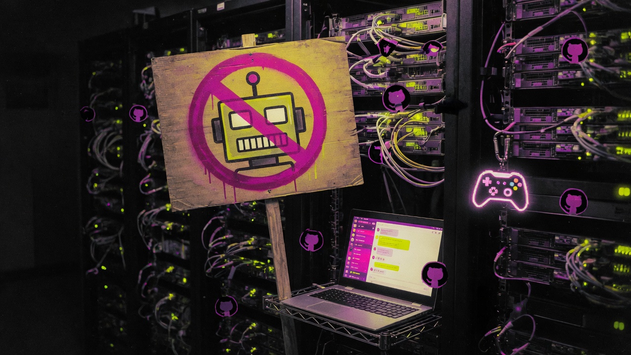 A wooden no-robots protest sign planted in a server aisle, with a laptop running a chat client and GitHub stickers on the racks.