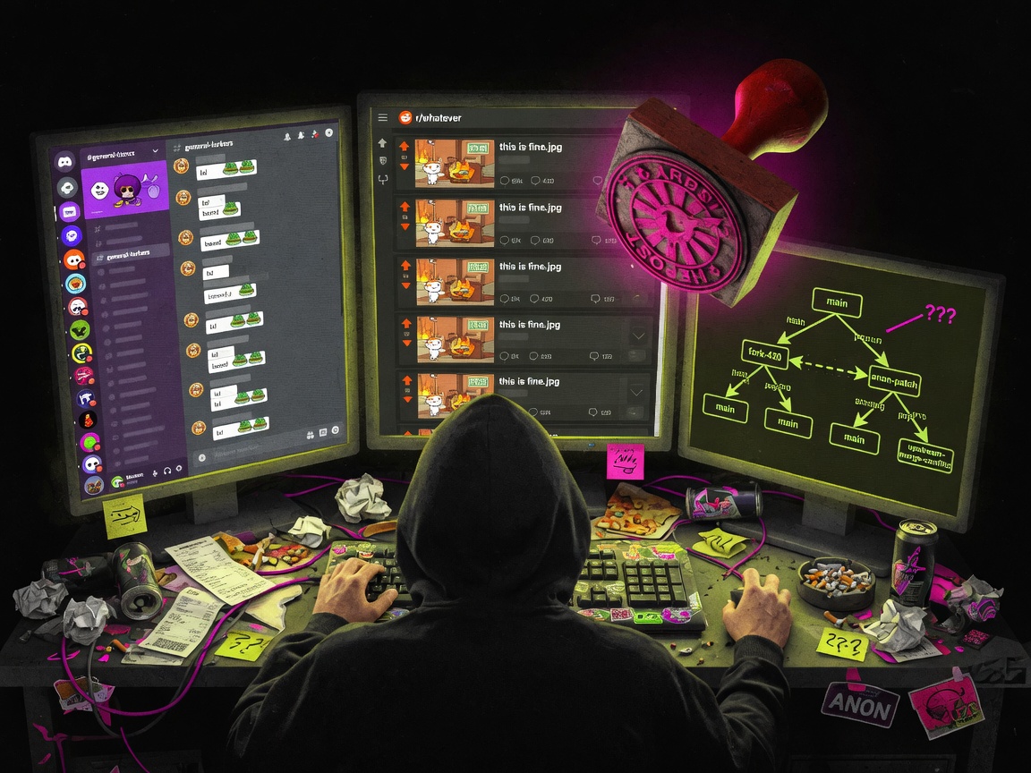 Editorial illustration of an anonymous hooded figure at a desk of Discord, Reddit, and git-fork monitors.