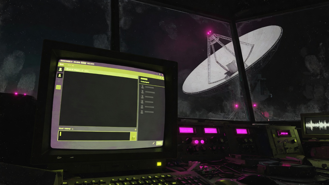 A radio telescope control room at night, a CRT showing an empty Discord-like chat, and a giant dish pointed at a starless sky.