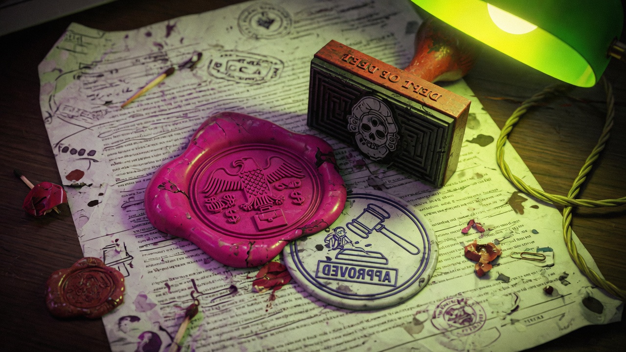 Editorial photo of overlapping wax seals and stamps on a messy contract.